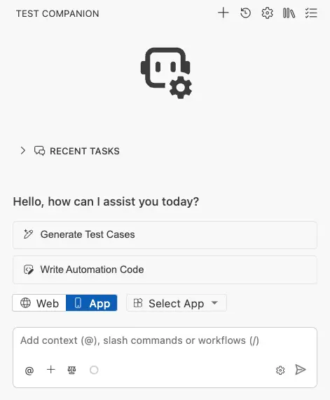 Select app mode from the test companion extension