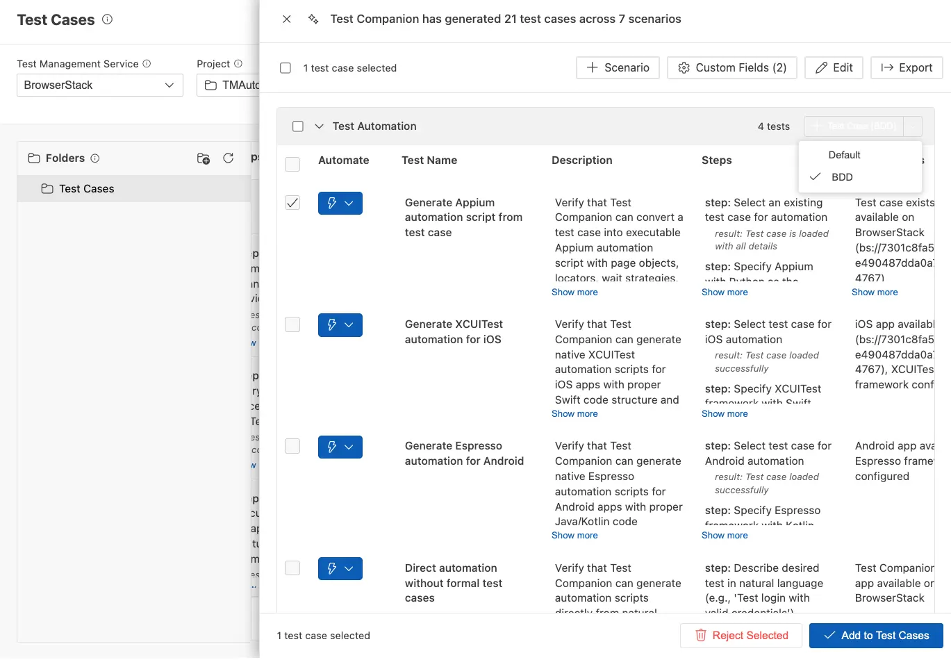Test case panel showing all the generated test cases across various scenarios and custom fields