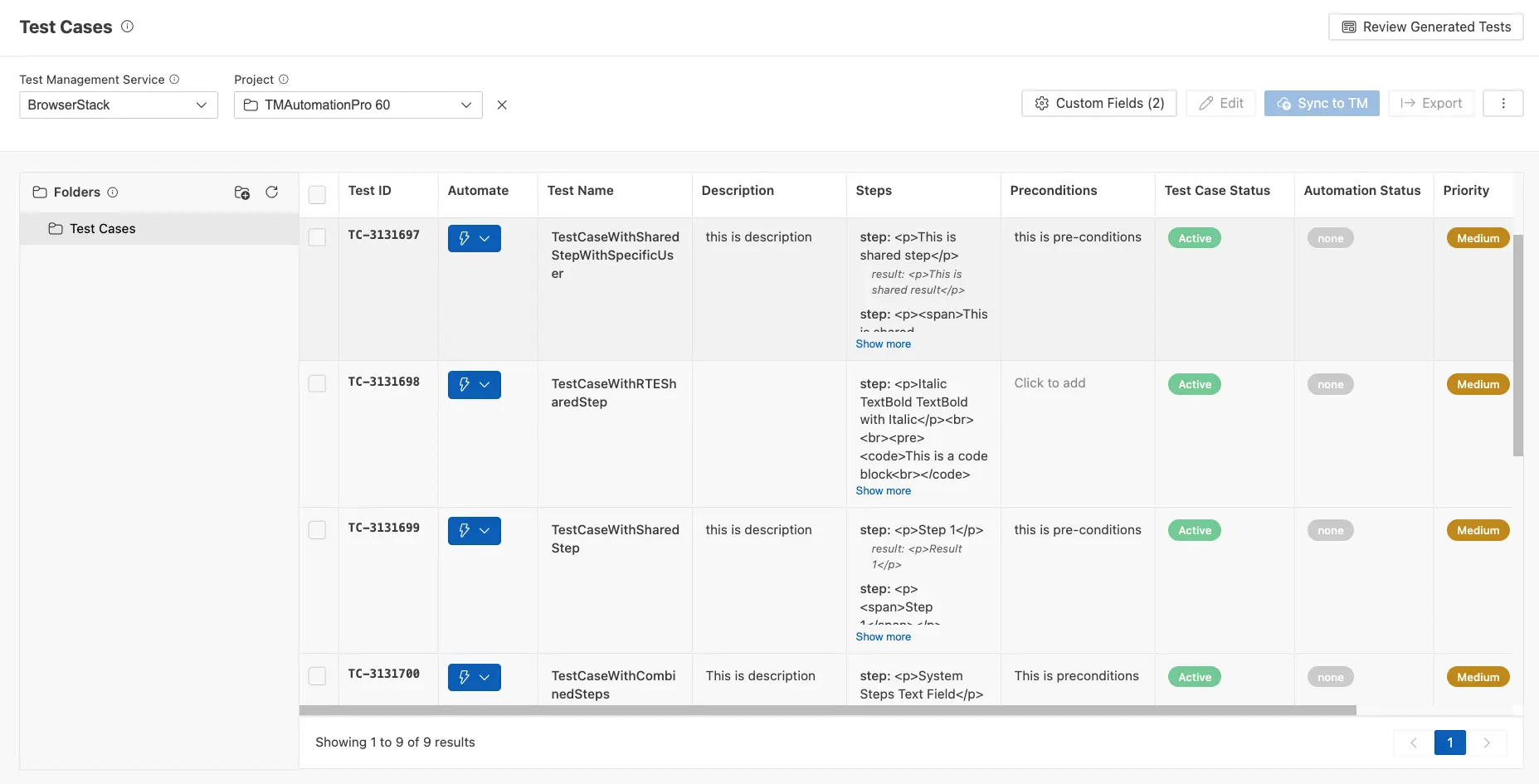 Test cases panel showing all the generated test cases across various scenarios and custom fields
