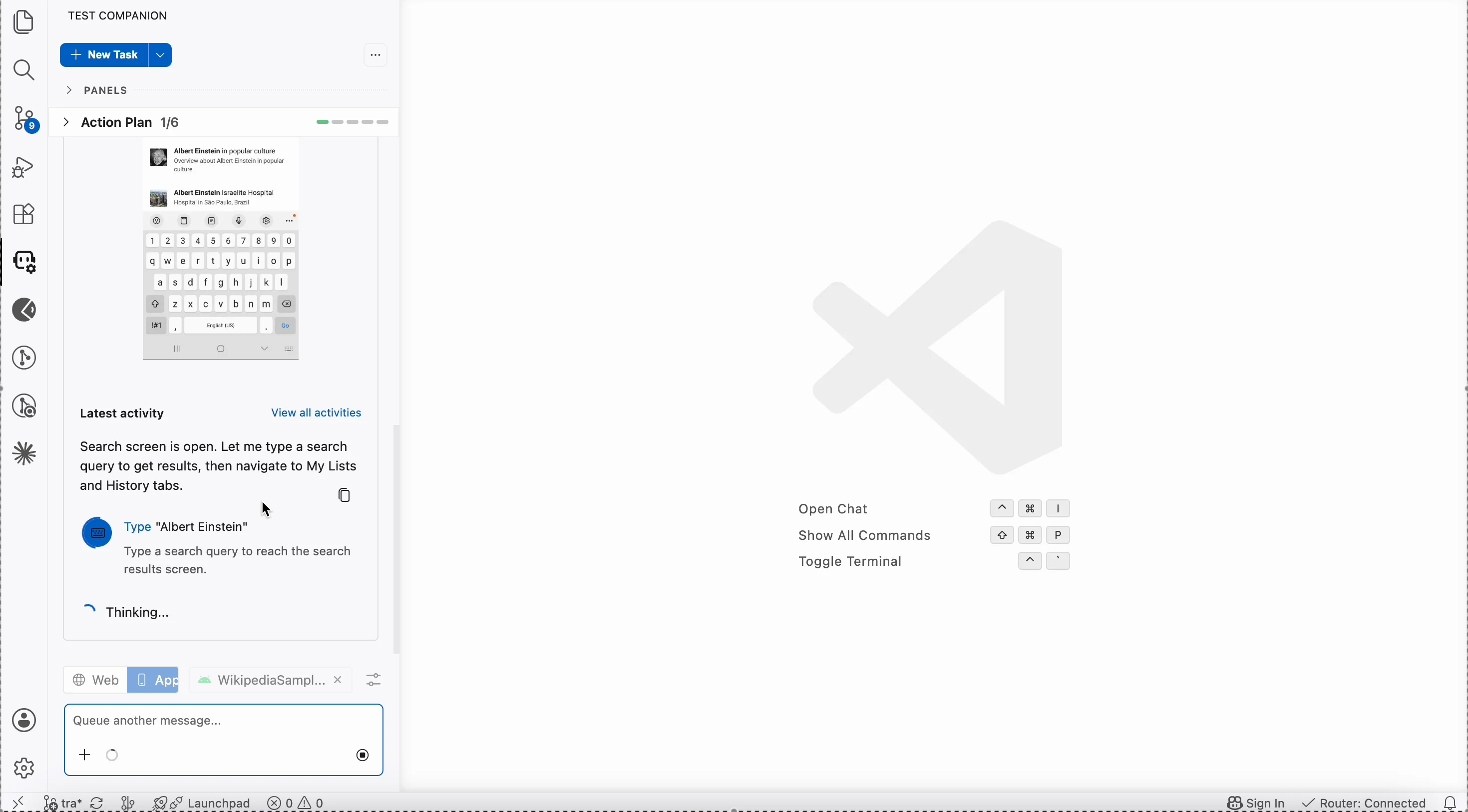 Test Companion typing a search query in the connected app on a real device while it identifies the screens to capture