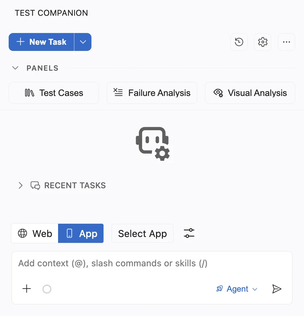 The Test Companion sidebar with App selected in the toggle above the chat input and the Select App button beside it