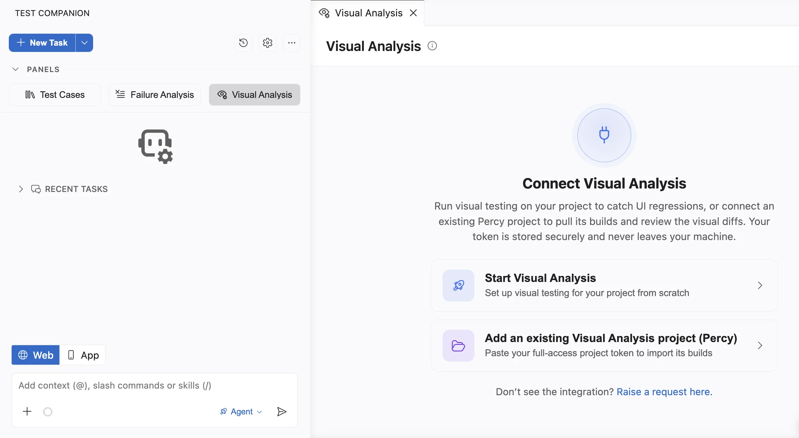 The Connect Visual Analysis screen offering the Start Visual Analysis and Add an existing Visual Analysis project cards