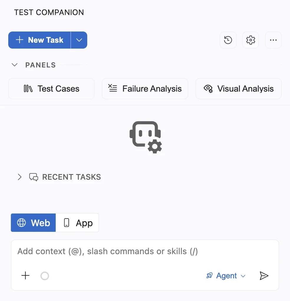 The Test Companion sidebar with Web selected in the toggle above the chat input, and the PANELS row at the top of the sidebar