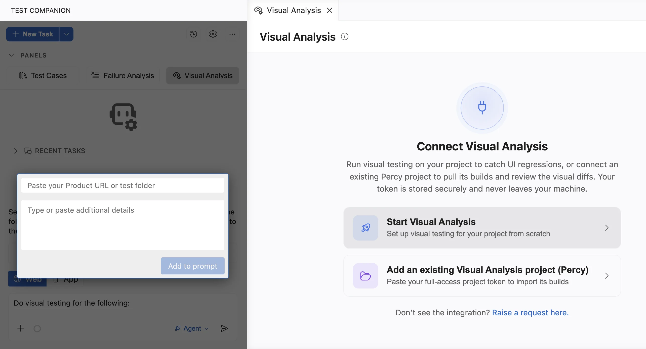 The Start Visual Analysis form over the chat, with fields for a product URL or test folder and for extra details