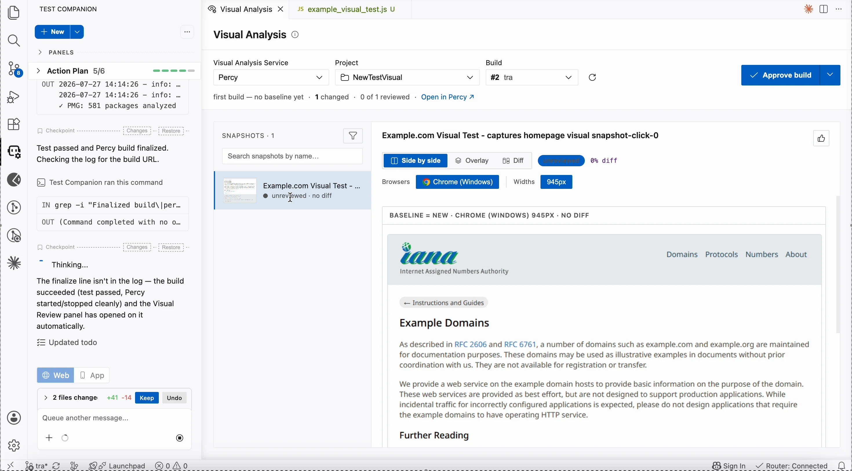 The Visual Analysis panel showing a finished web build, with the snapshot list on the left and the Chrome and 945px comparison on the right