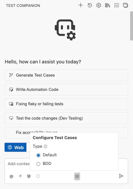Select the test case format before you generate test cases showing Default and BDD options