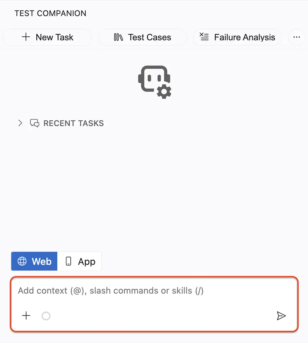 Test Companion chat box with a Test Reporting session URL added as failure context