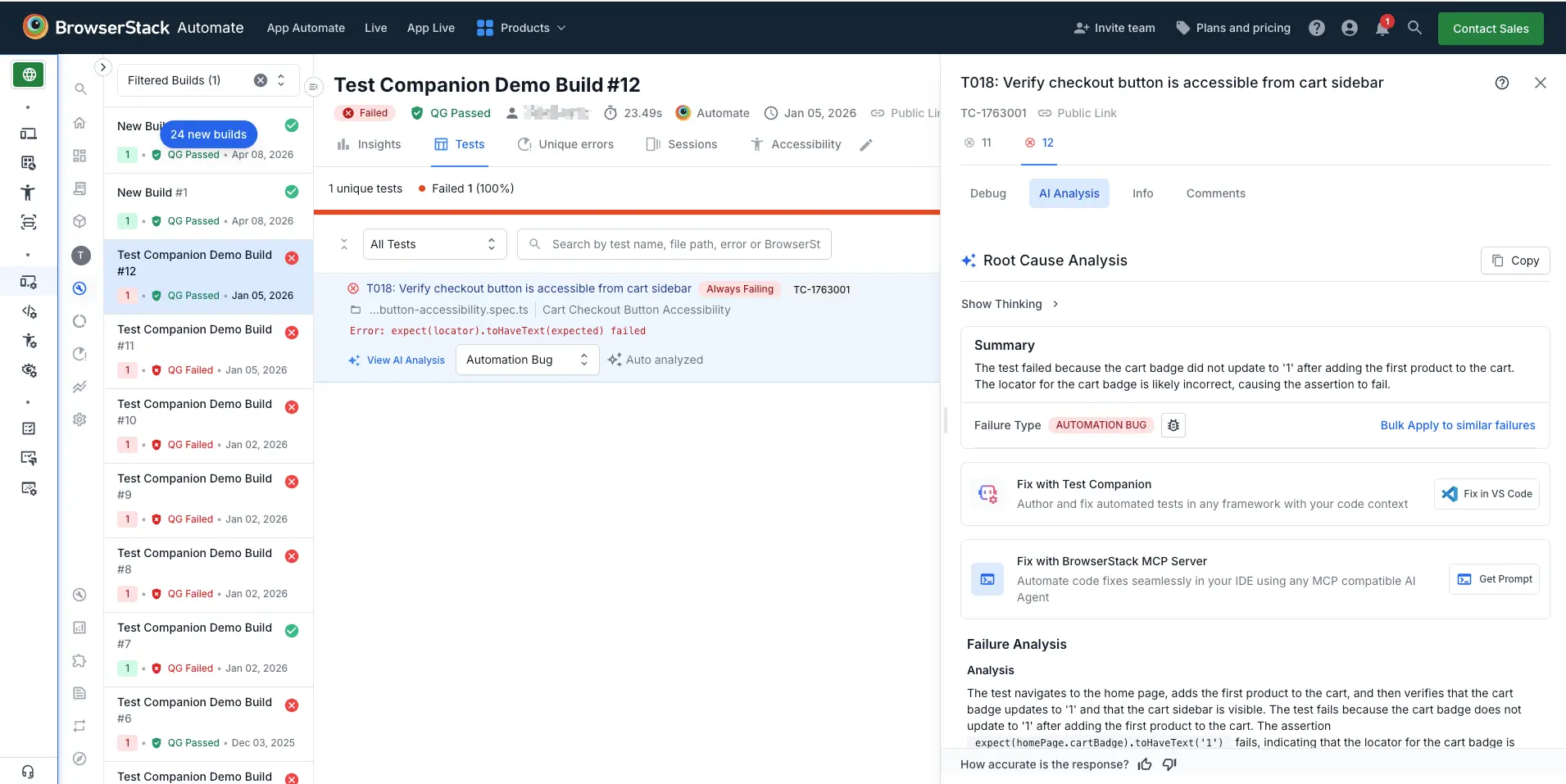 AI Analysis tab in the BrowserStack Automate dashboard showing root cause analysis and fix options for a failed test