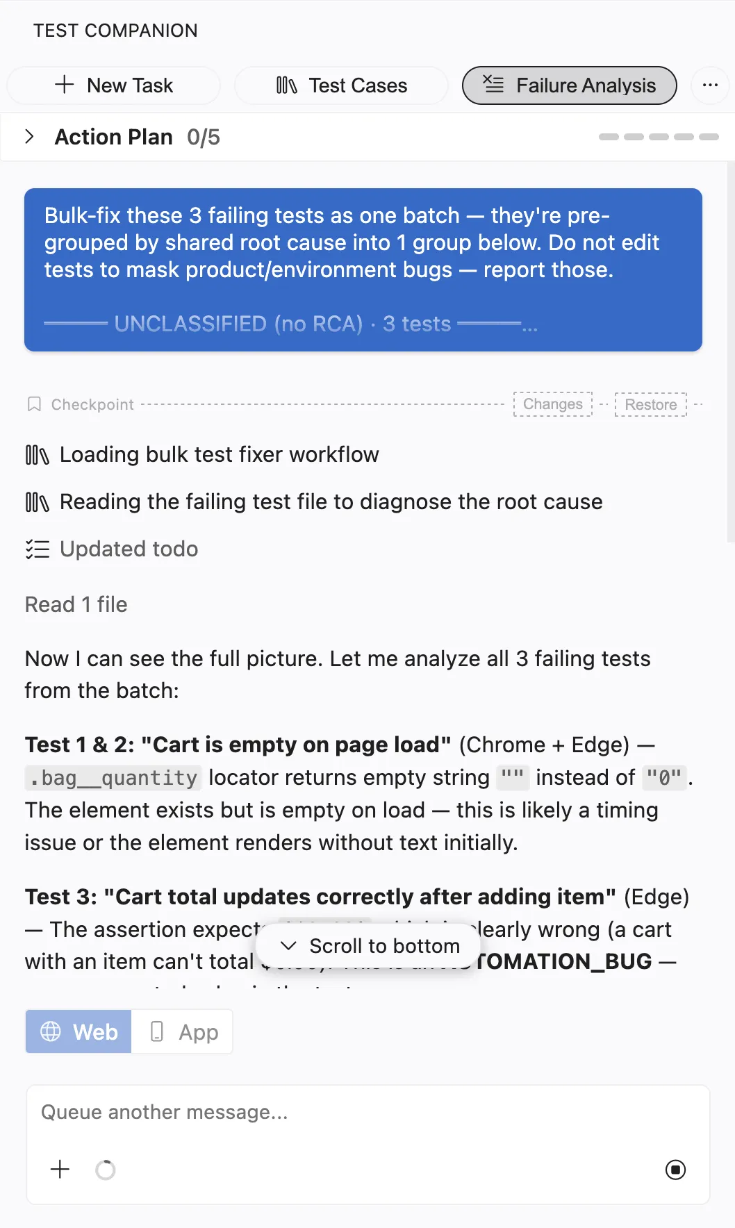 Test Companion action plan listing each failing test and its diagnosed root cause as the fix runs
