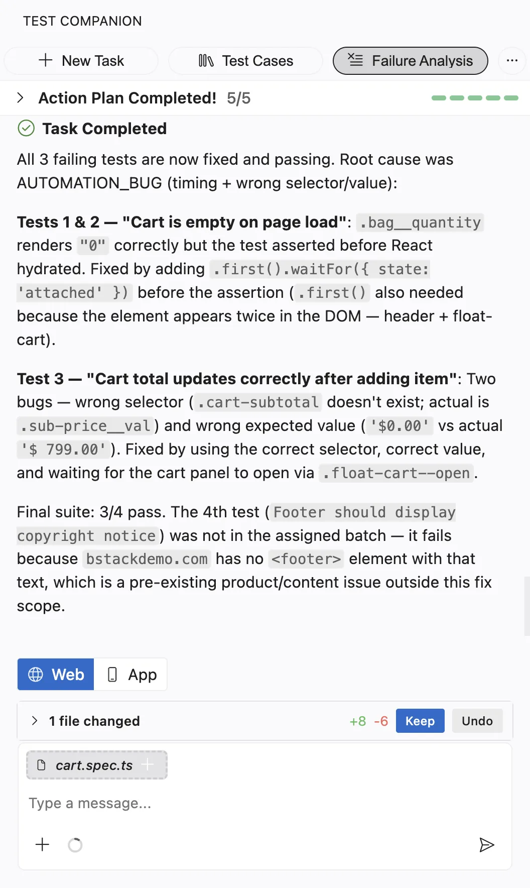 Completed action plan summarizing each fix with Keep and Undo controls for the changed file