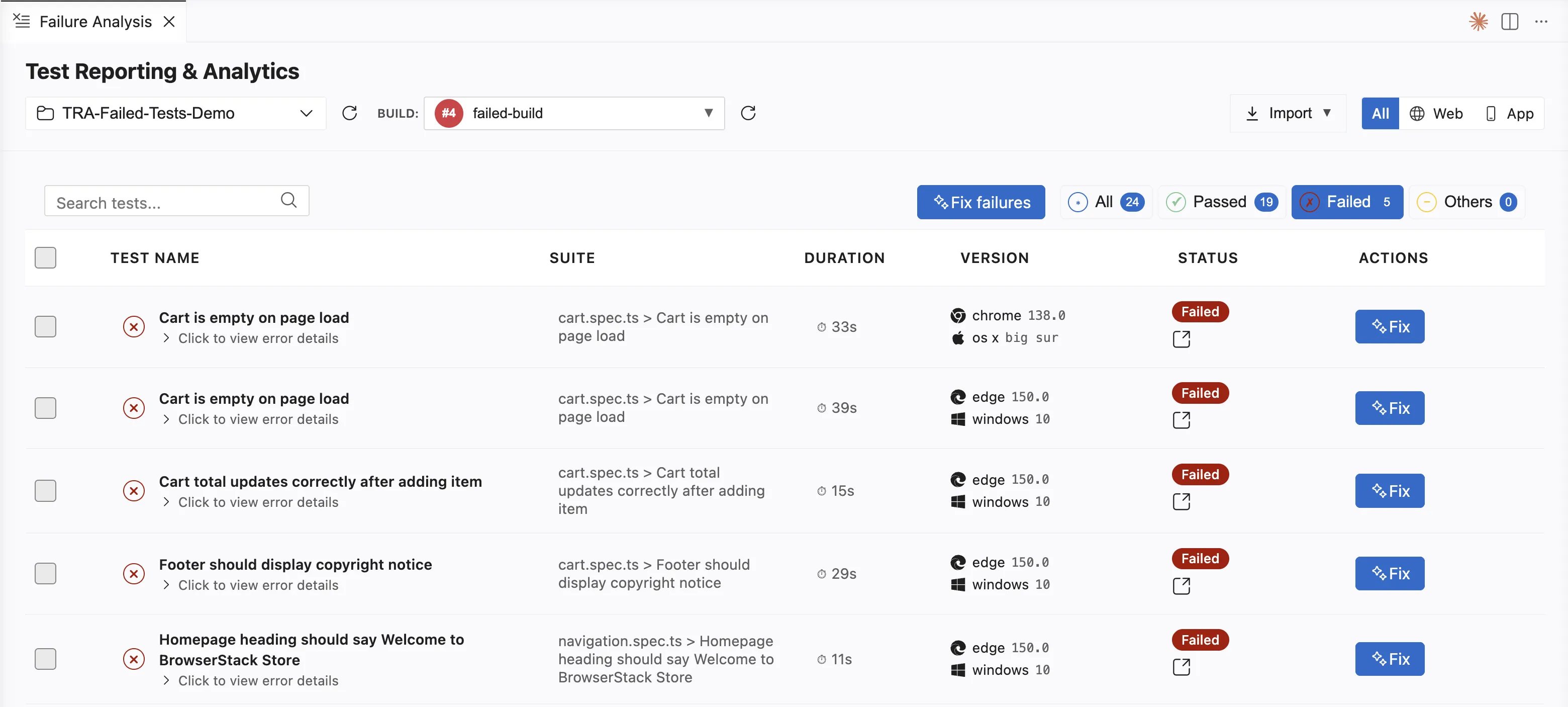 Failure Analysis panel with a project and build selected, the All, Web, and App platform filters, and the Fix failures button