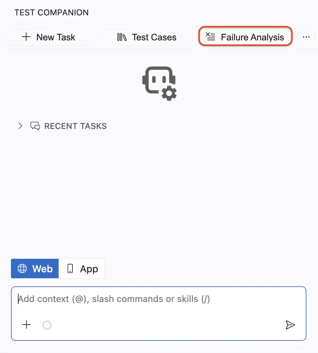 Test Companion panel with the Failure Analysis icon