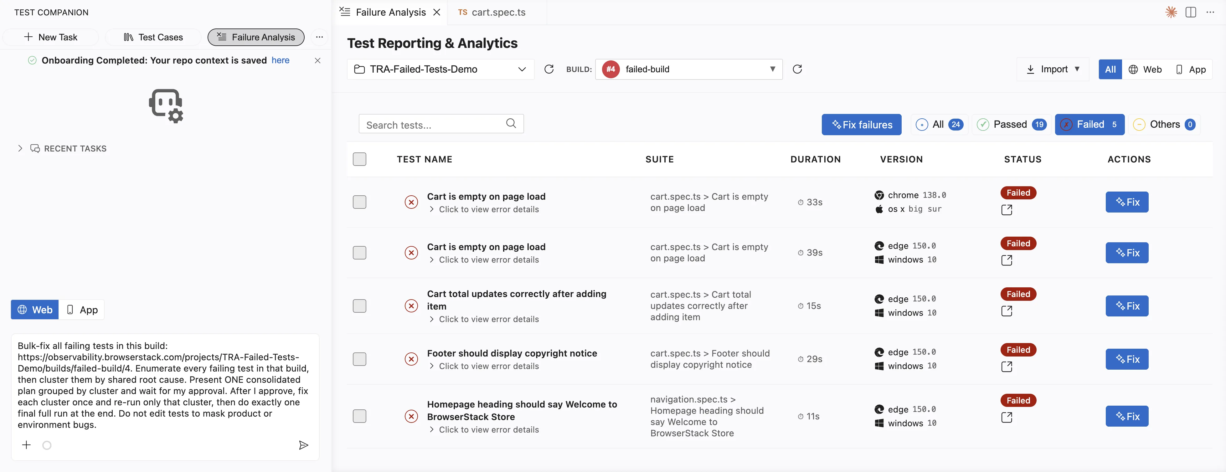Failure Analysis panel with no tests selected and the chat pre-filled with a prompt to fix every failing test in the build