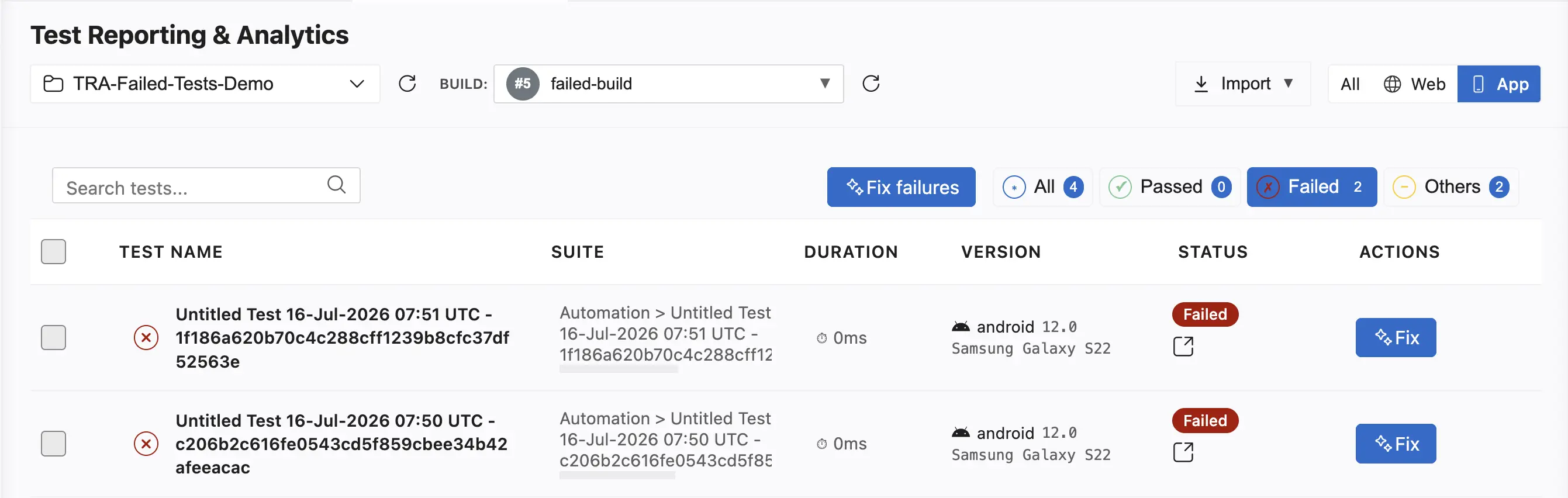Failure Analysis panel with no tests selected and the chat pre-filled with a prompt to fix every failing test in the build