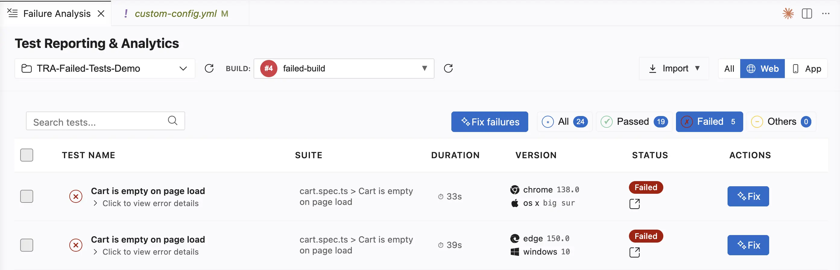 Actions column of a failed test row with the Fix button and the Test Companion option