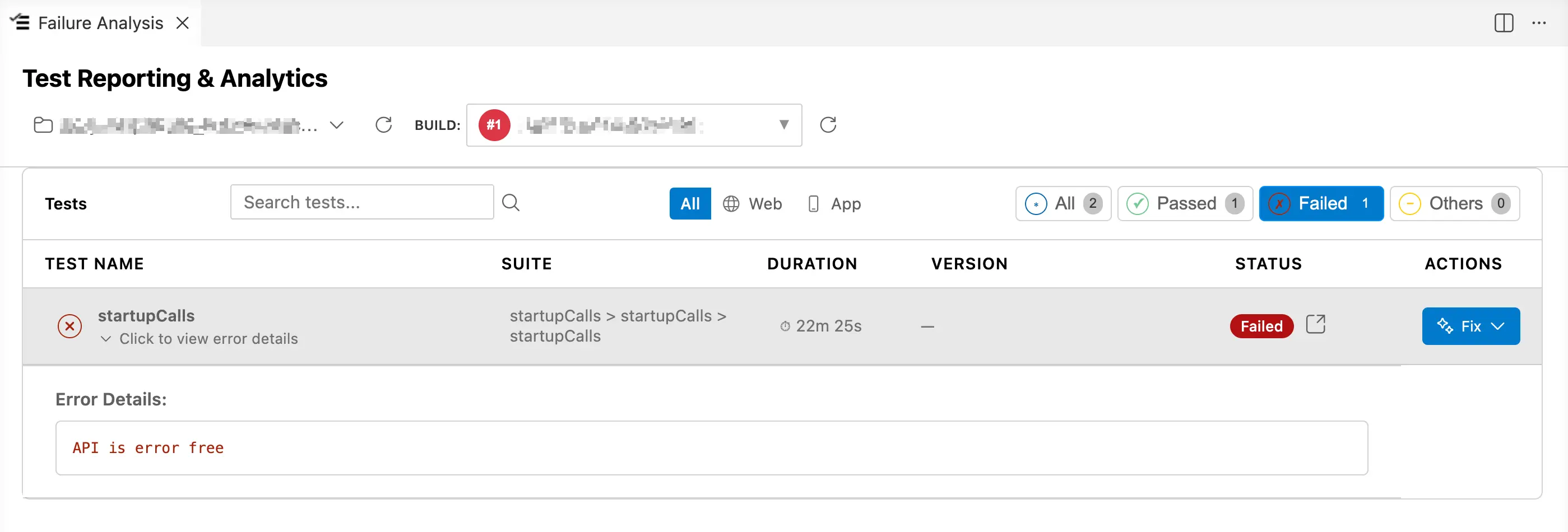 Failure Analysis panel in the IDE showing the Fix dropdown with Test Companion and Copilot options