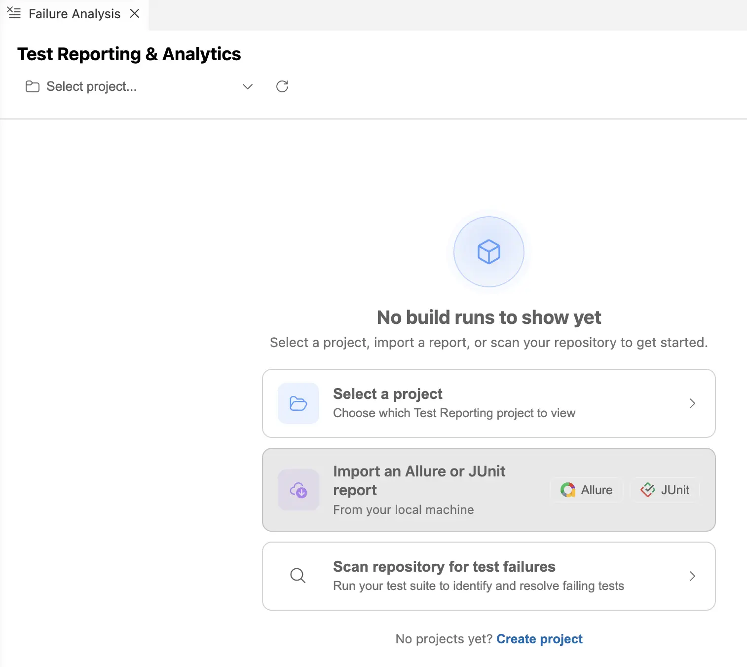 Failure Analysis panel with no build runs, showing the Import an Allure or JUnit report card with Allure and JUnit buttons