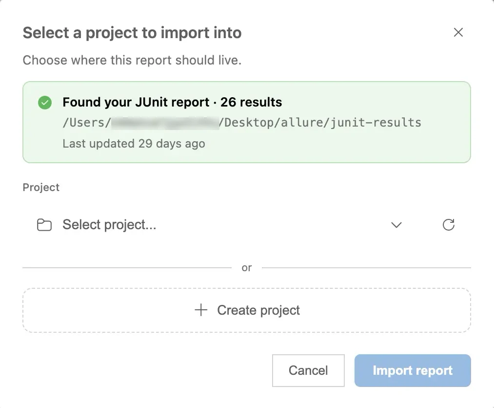Select a project to import into dialog with the found-report banner, the Project dropdown, and the Import report button