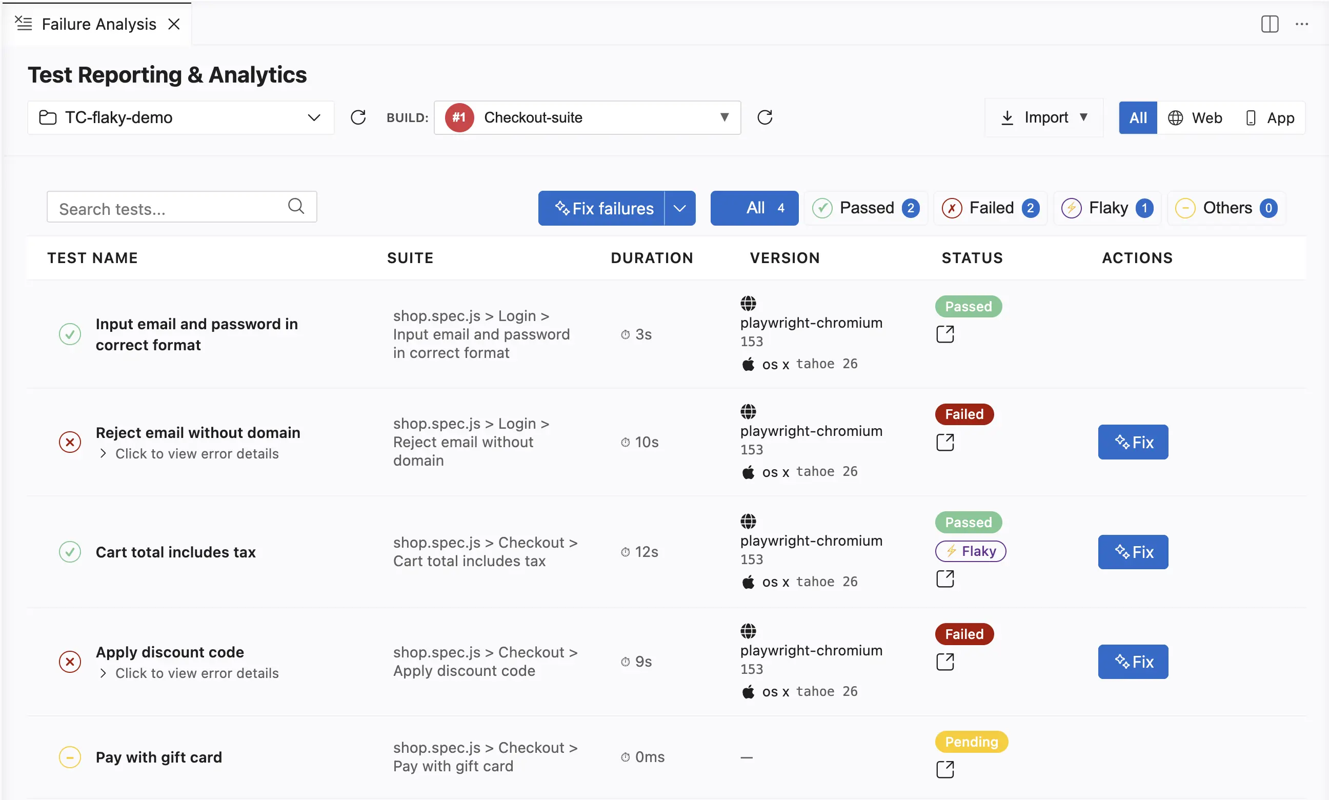 Failure Analysis panel on the All tab, with the Fix failures button above a list that contains failed, passed, and flaky tests