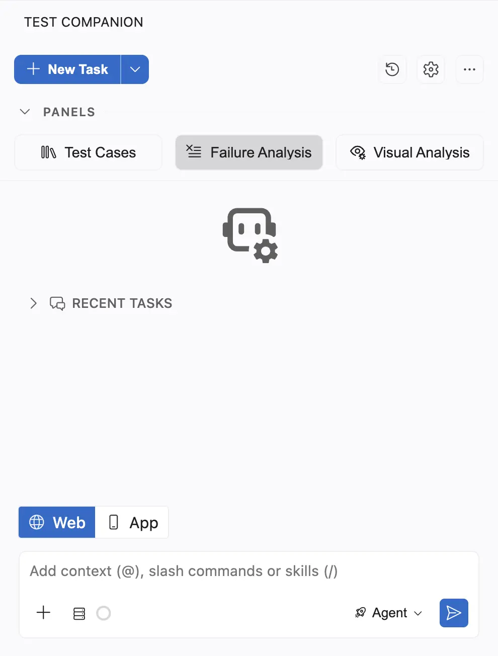 Test Companion panel in Web mode with the Test Cases, Failure Analysis, and Visual Analysis buttons under Panels