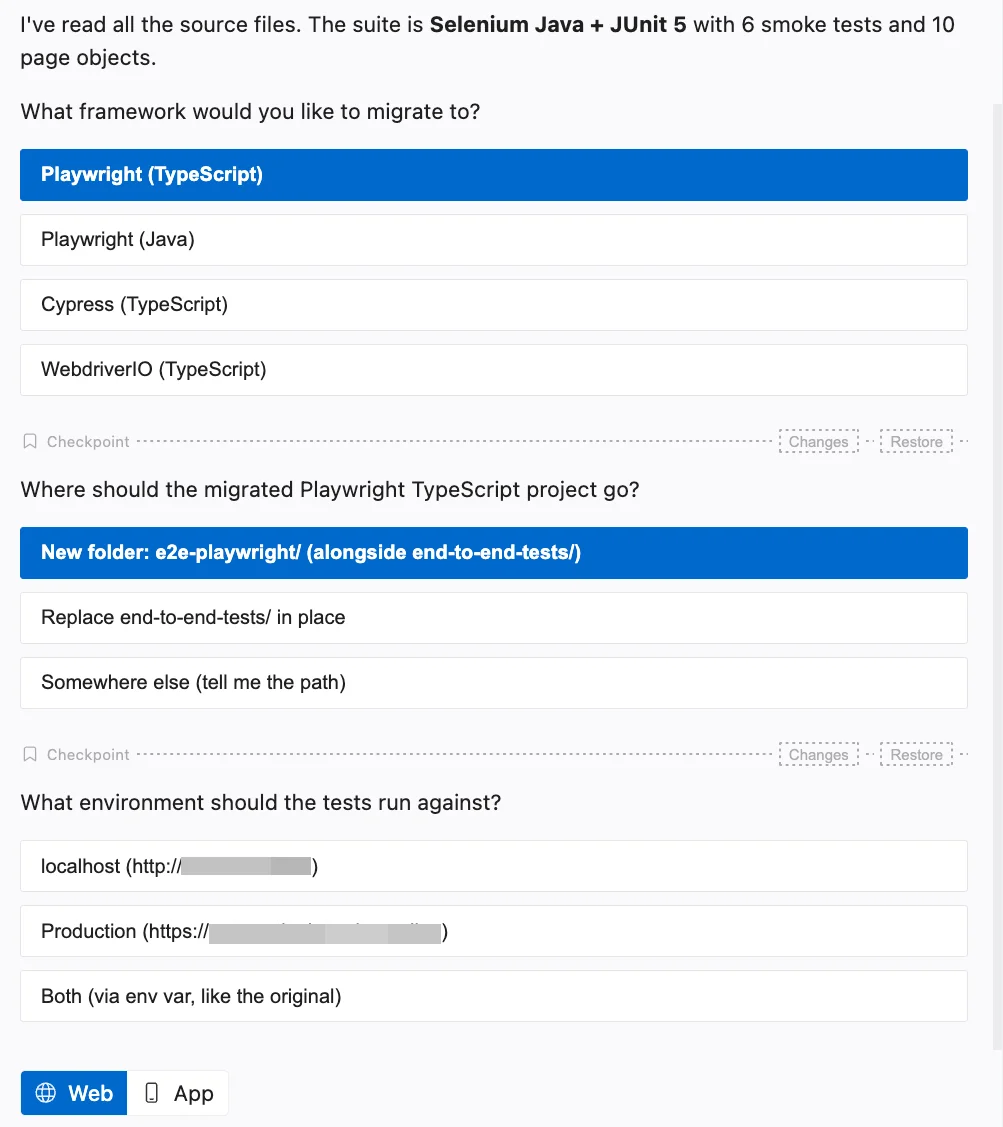 Test Companion asking three clarifying questions in turn, for the target framework, the target folder, and the run environment