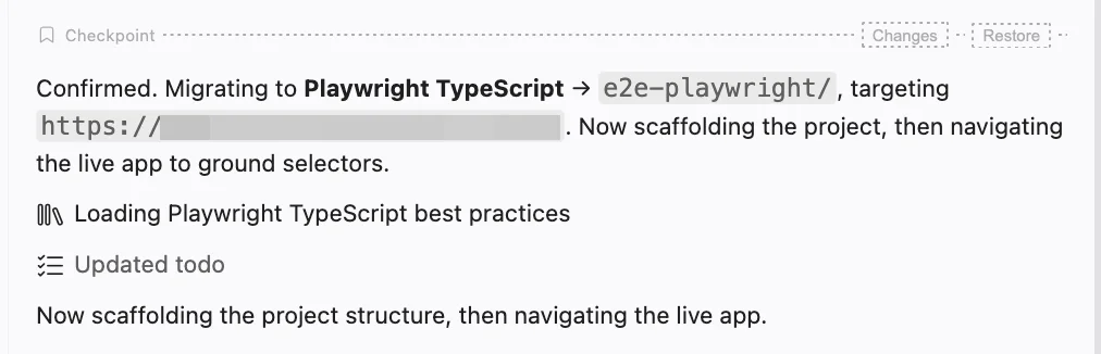 Test Companion confirming the target framework, the target folder, and the base URL before it changes any files