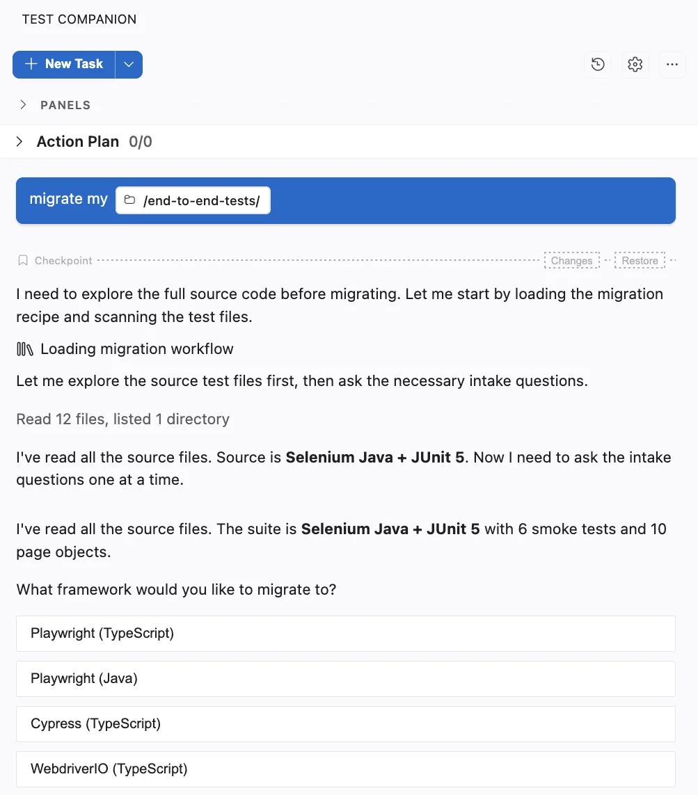 Test Companion panel with a migrate prompt that attaches the end-to-end-tests folder, and the reply confirming it read 12 source files