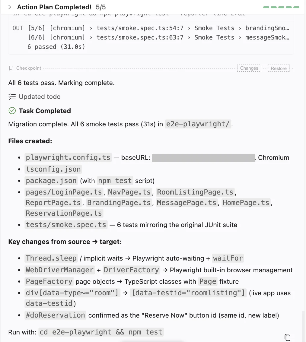 Test Companion completion summary with six tests passed, the files it created, the changes it made, and the command to run the suite