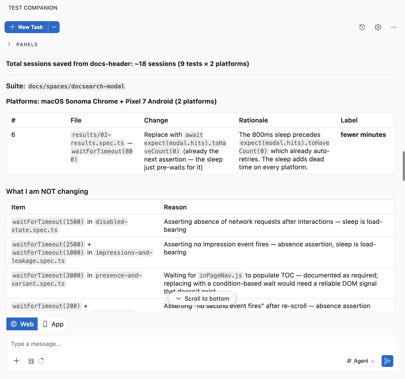 Change table in the Test Companion chat listing each test, its proposed change, the reason, and a fewer sessions label