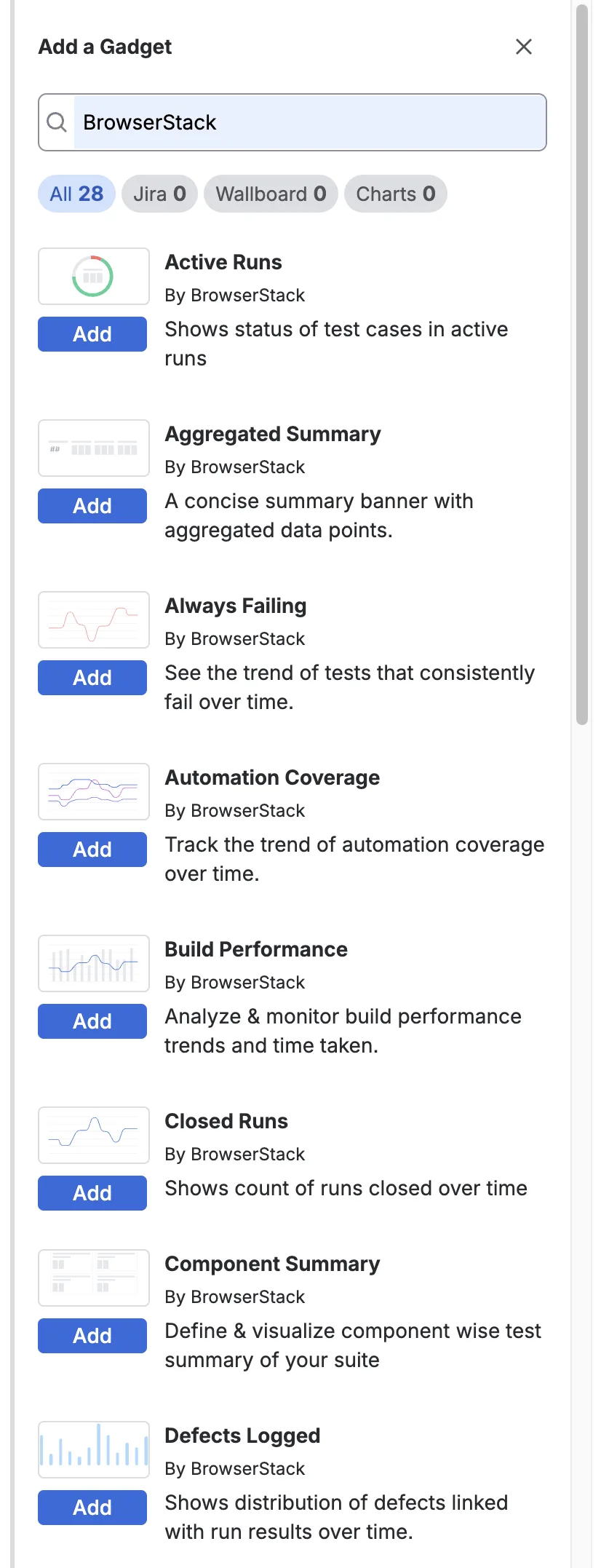 The Add a Gadget panel showing 28 gadgets found for the search BrowserStack, each marked By BrowserStack