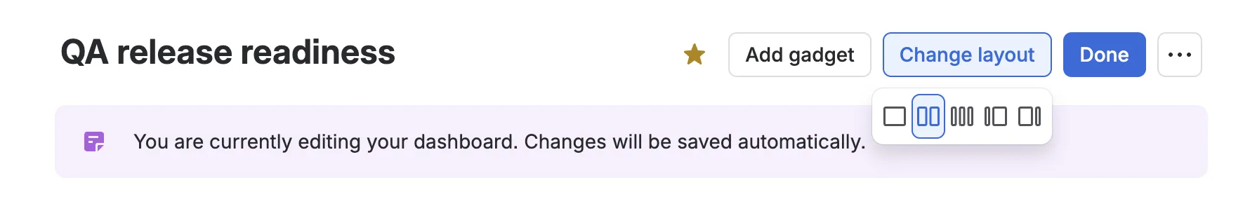The Change layout menu listing One column, Two columns, Three columns, Left sidebar, and Right sidebar