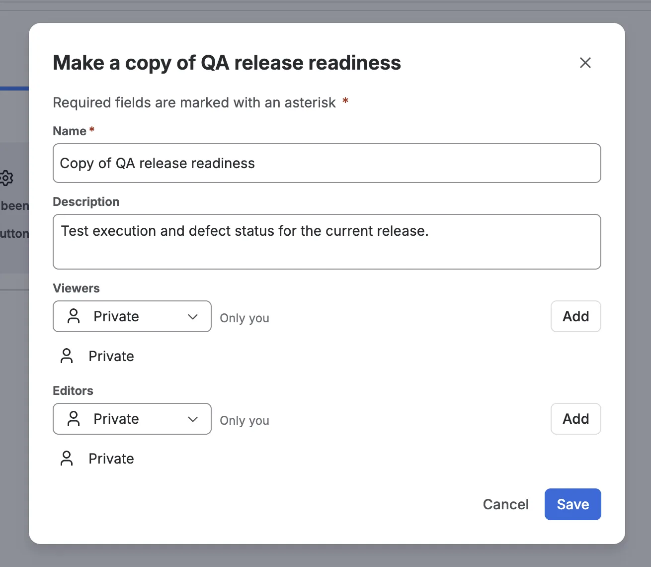 The Copy dashboard dialog with the Name field prefilled with Copy of QA release readiness