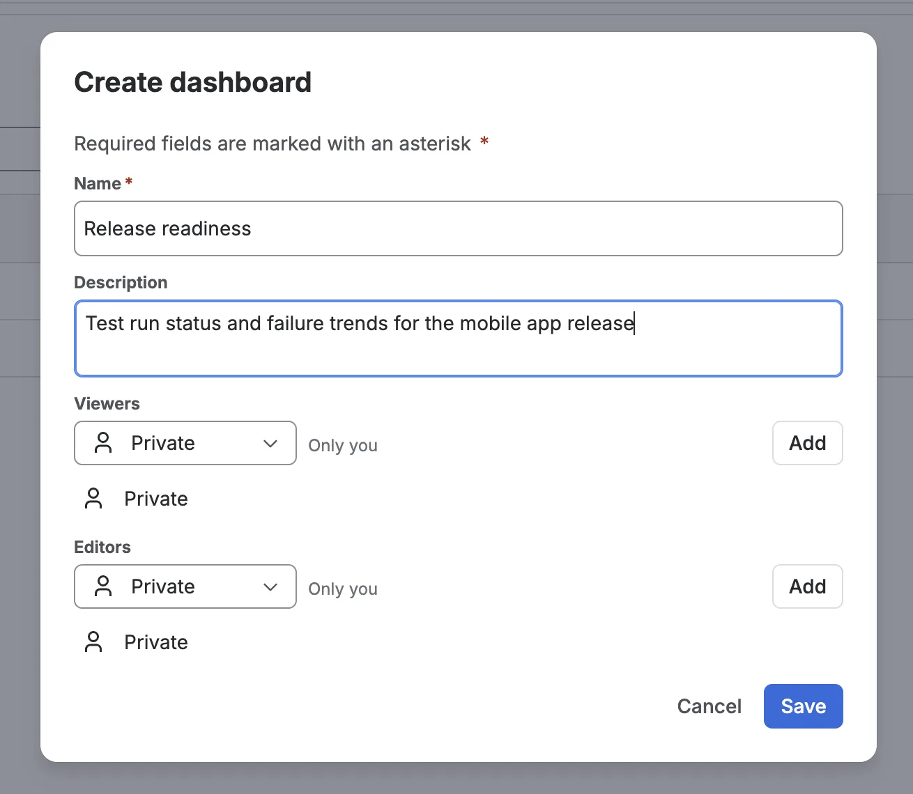 The Create dashboard dialog with the Name and Description fields filled in and Viewers and Editors set to Private