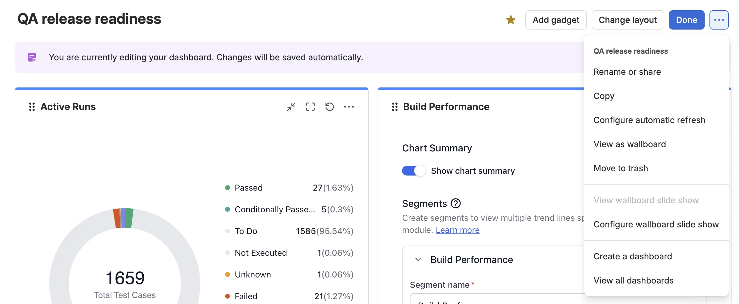 The More dashboard actions menu with Rename or share, Copy, and Move to trash options