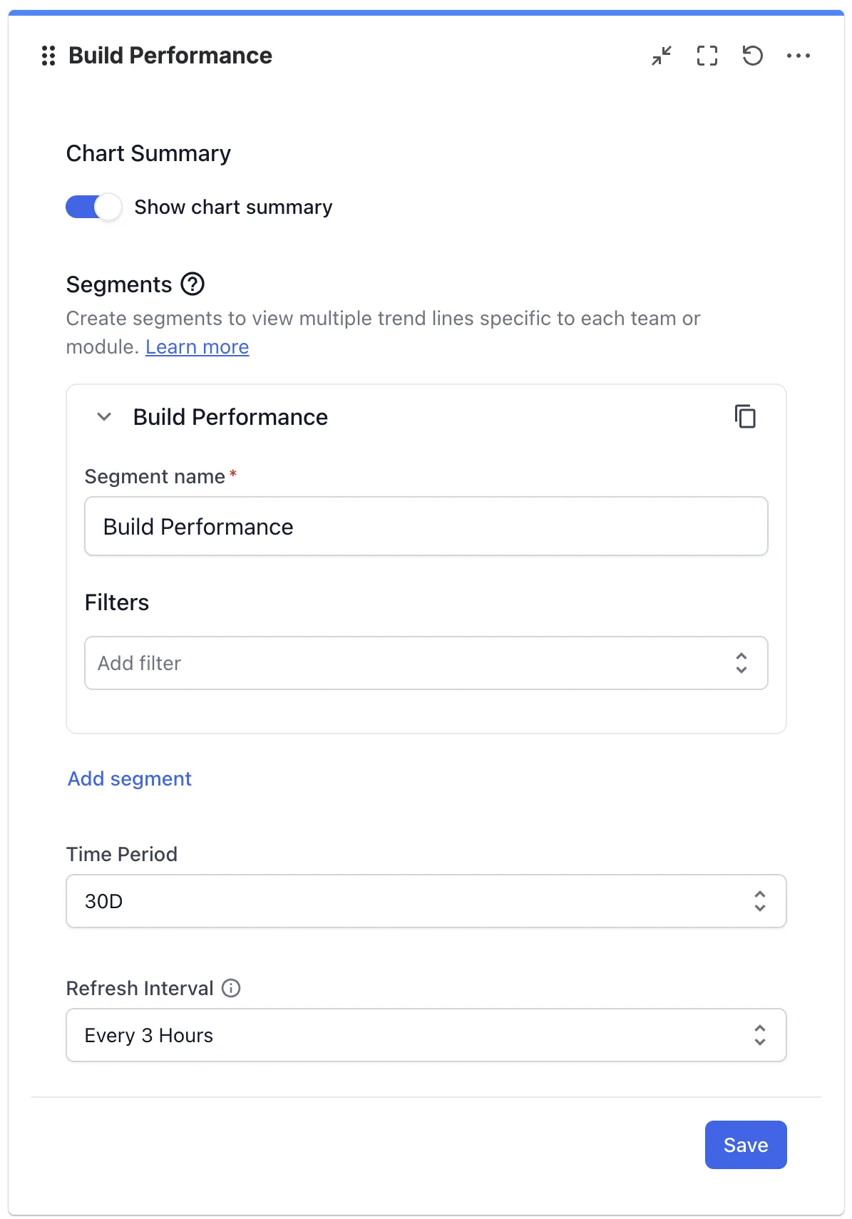 The Build Performance gadget in configuration mode with the Segments, Filters, Time Period, and Refresh Interval fields and a Save button