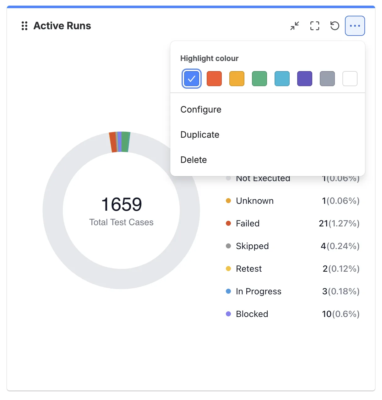 The gadget More actions menu with the Highlight colour swatches, Configure, Duplicate, and Delete options