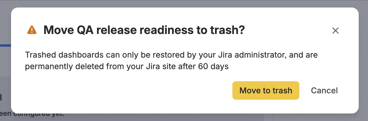 The Move to trash confirmation dialog for a dashboard with Cancel and Move to trash buttons
