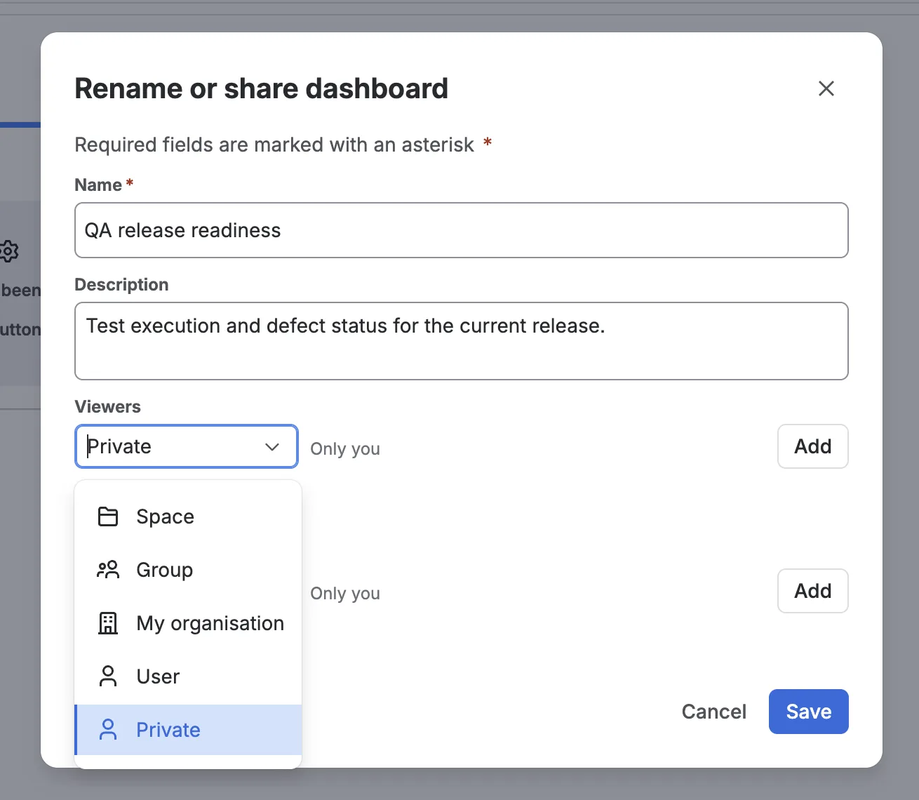 The Rename or share dialog with the Viewers list open, showing Space, Group, My organization, User, and Private