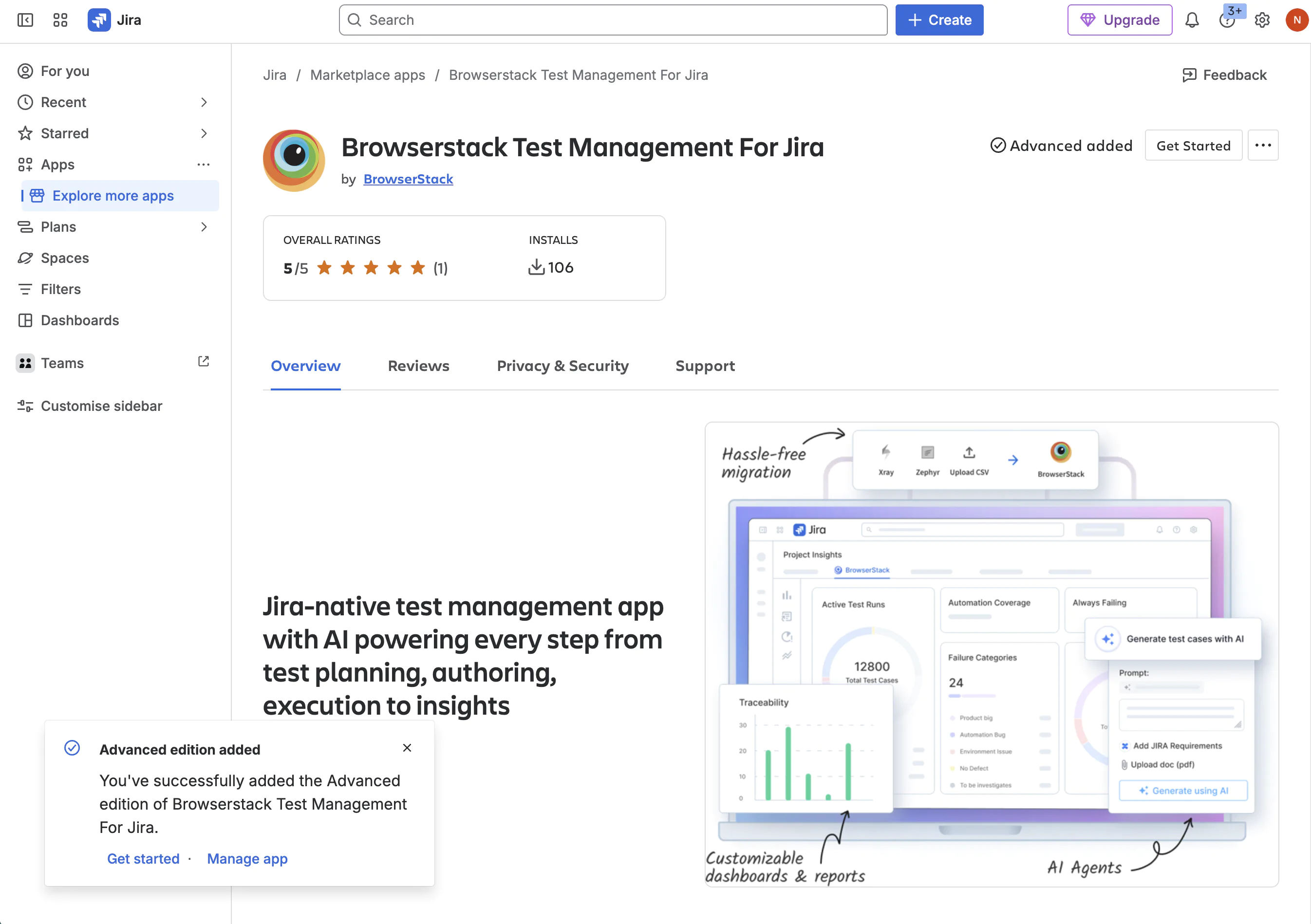 The installed app page in Jira with the Get Started button.