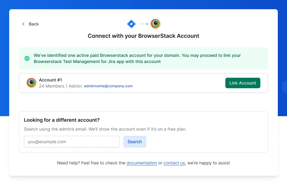 The matched BrowserStack account with its member count and group admin, above the Looking for a different account? search.