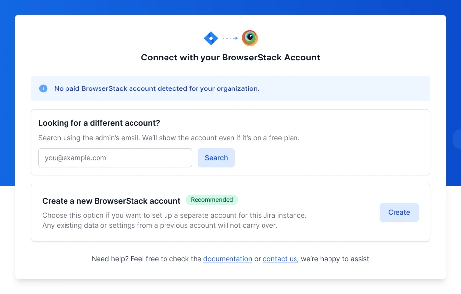 The Connect with your BrowserStack Account screen with no paid account detected, showing the admin email search and the Create a new BrowserStack account option.