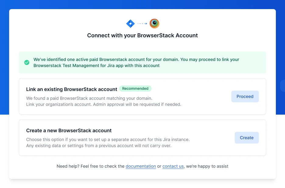 The Connect with your BrowserStack Account screen with a paid account found, showing the Link an existing BrowserStack account and Create a new BrowserStack account options.