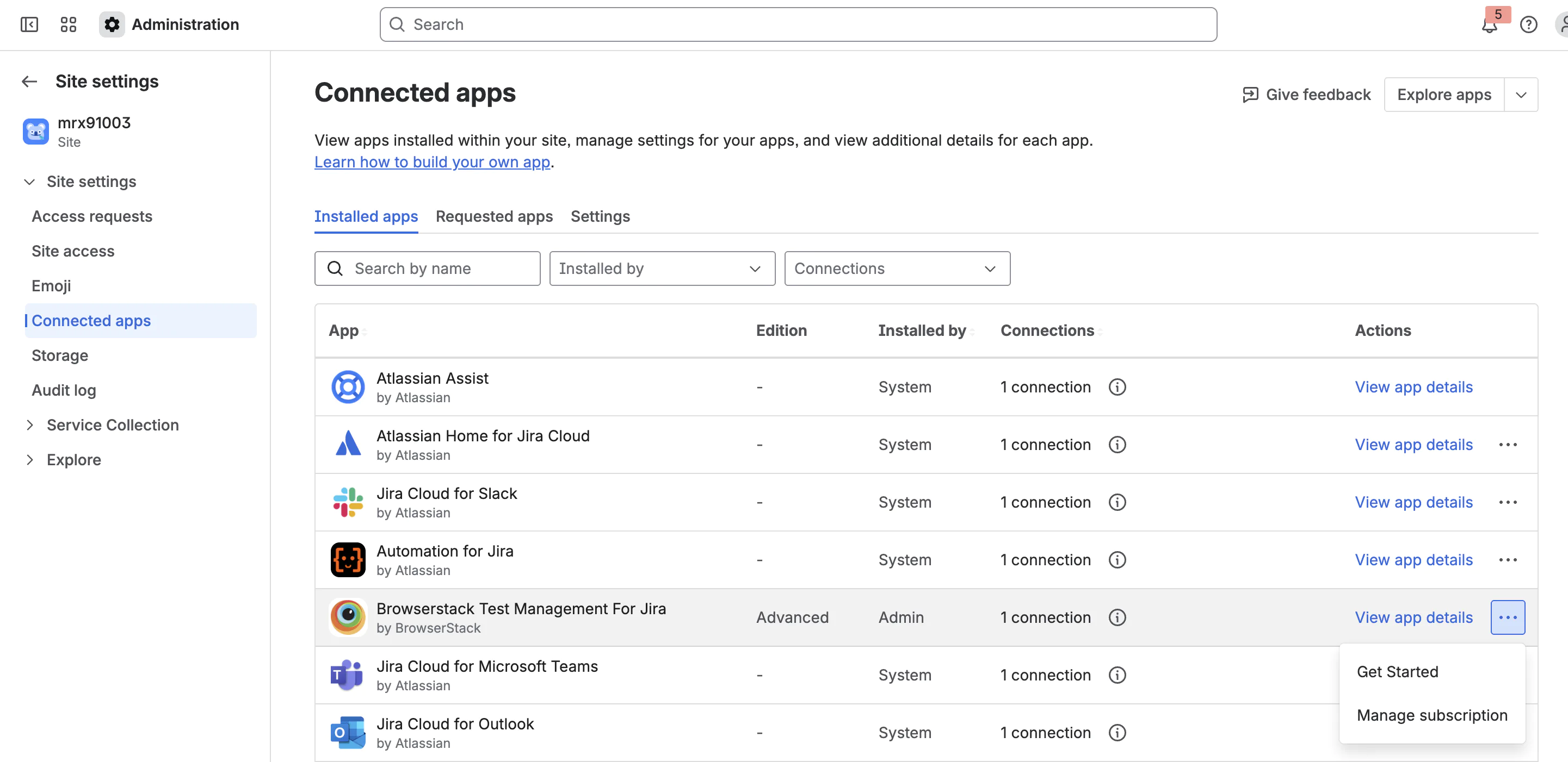 The Connected apps list with the app's more actions menu open on Get Started.