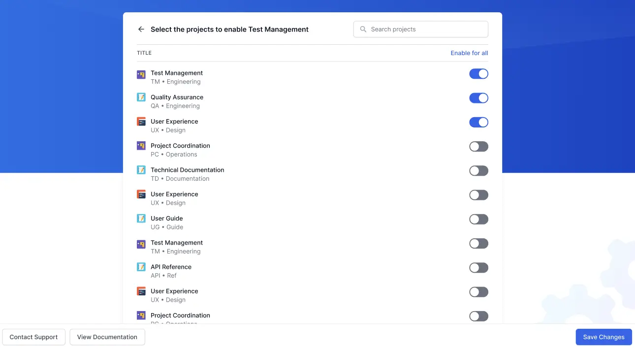 Select the projects to enable the Test Management