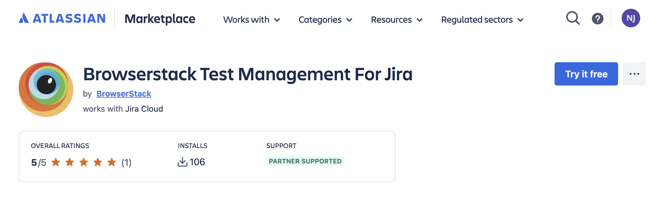 The BrowserStack Test Management for Jira listing with the Try it free button on the Atlassian Marketplace.