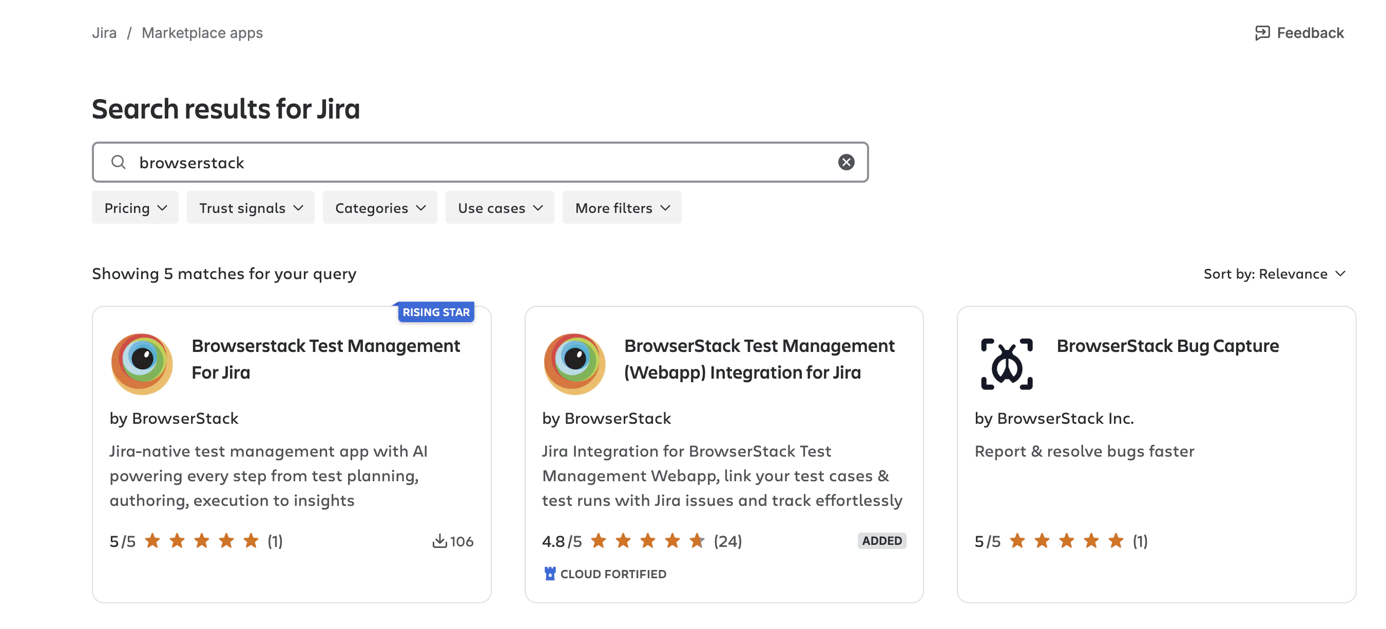 The Atlassian Marketplace search results with BrowserStack Test Management for Jira among the BrowserStack apps.