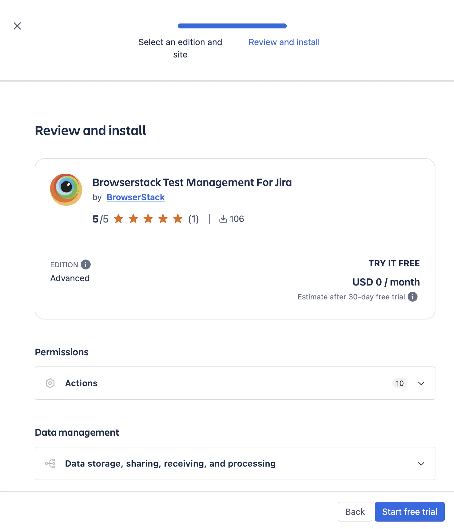 The Review and install step with the edition summary and the Start free trial button.