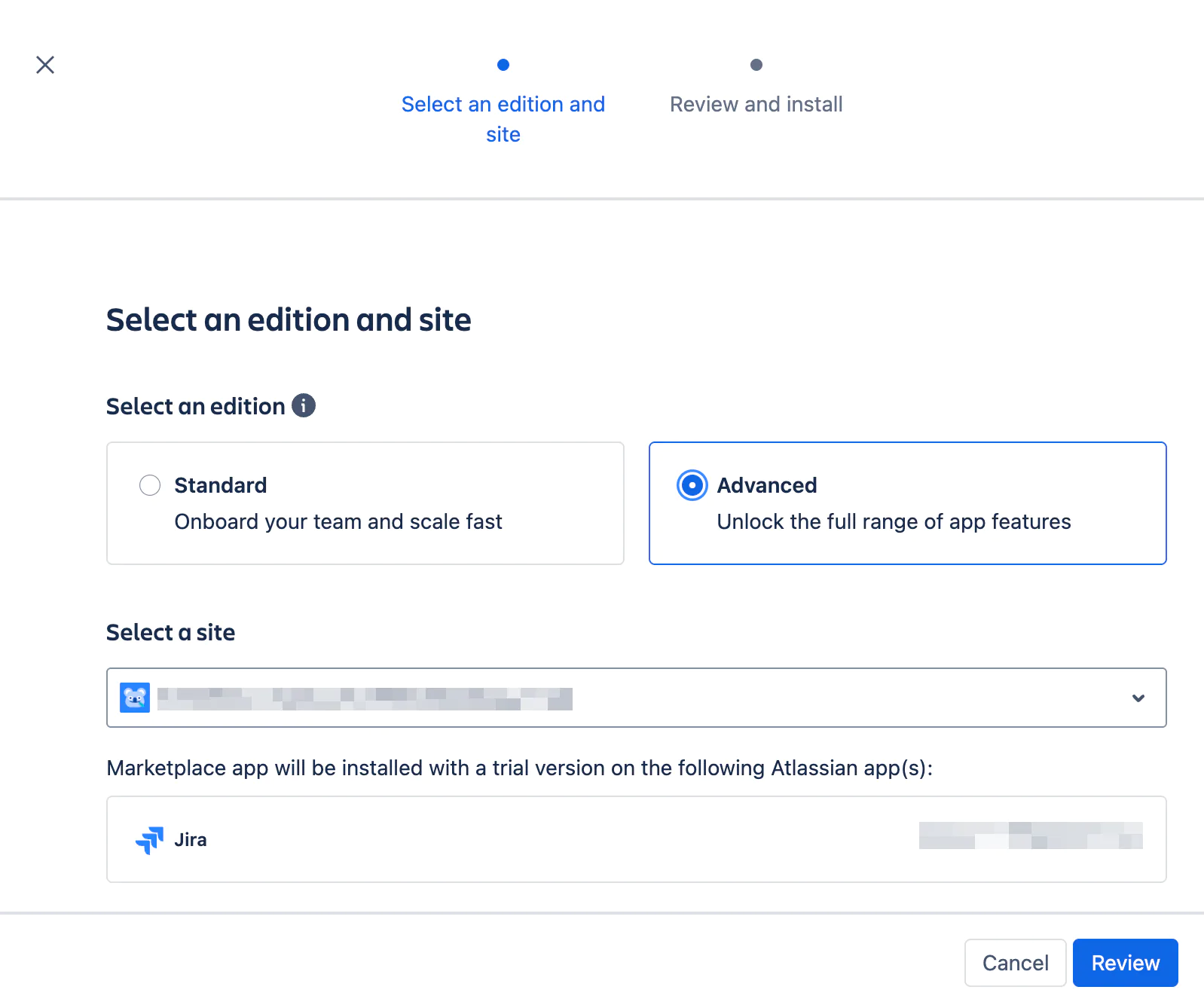 The Select an edition and site step with the Standard and Advanced editions and the Jira site selector.