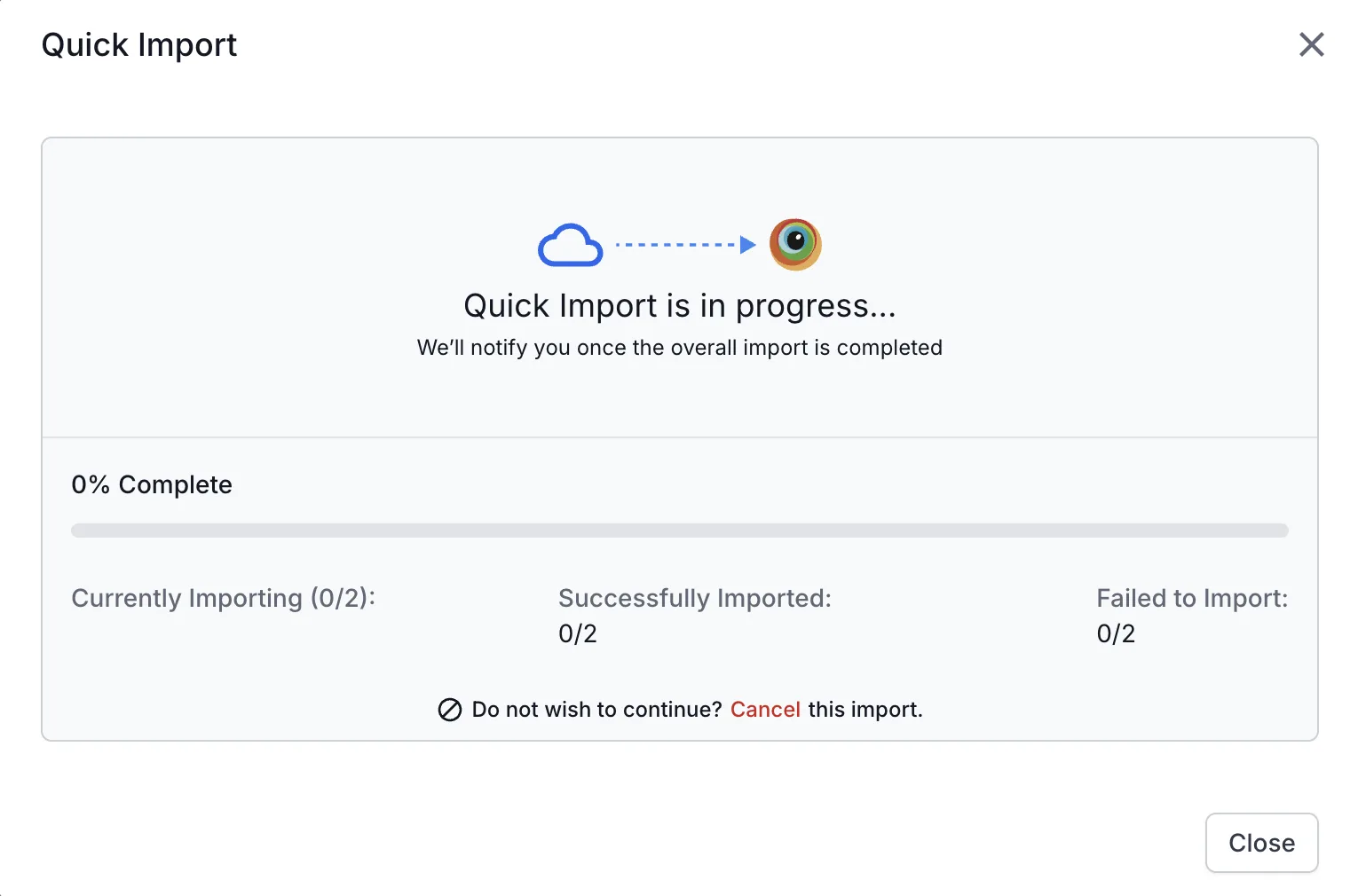 The Quick Import progress dialog showing percent complete and counts of imported and failed projects