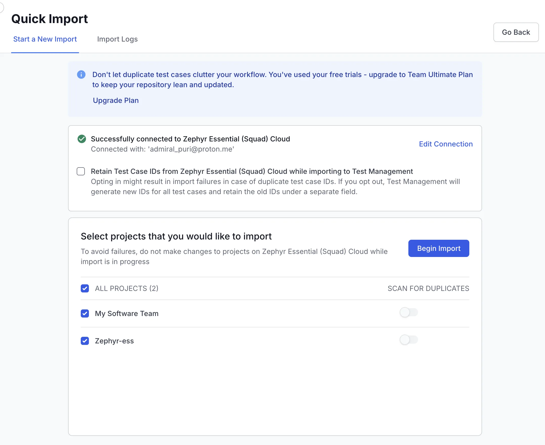 The import screen with the retain test case IDs option, a project list with duplicate-scan toggles, and the Begin Import button